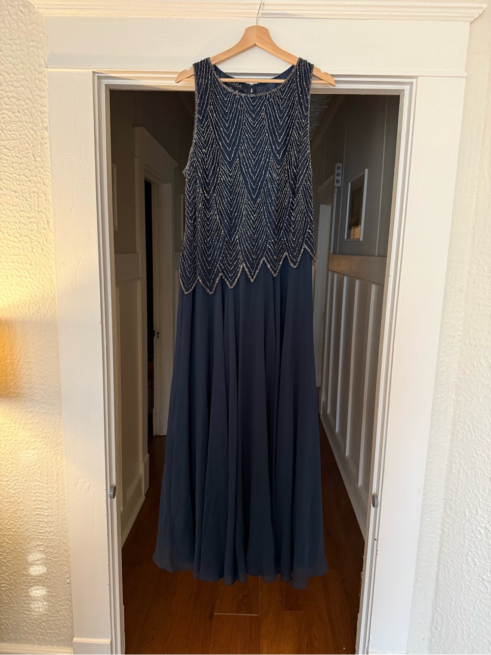 J Kara Navy Beaded Sleeveless Formal Gown with Chevron Bodice